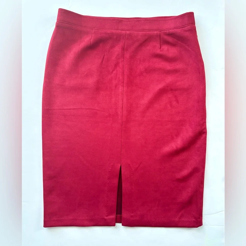 Carole Wren Cranberry Faux Suede‎ Stretch Pull-on Pencil Skirt Pockets & Slit Sm